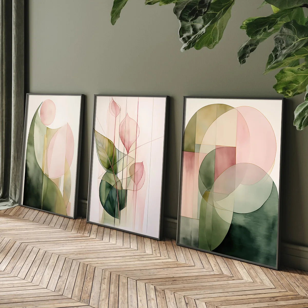 3-Piece Set of Modern Green and Pink Abstract Plant Wall Art Prints Watercolor Painting Prints Plant Canvas Posters