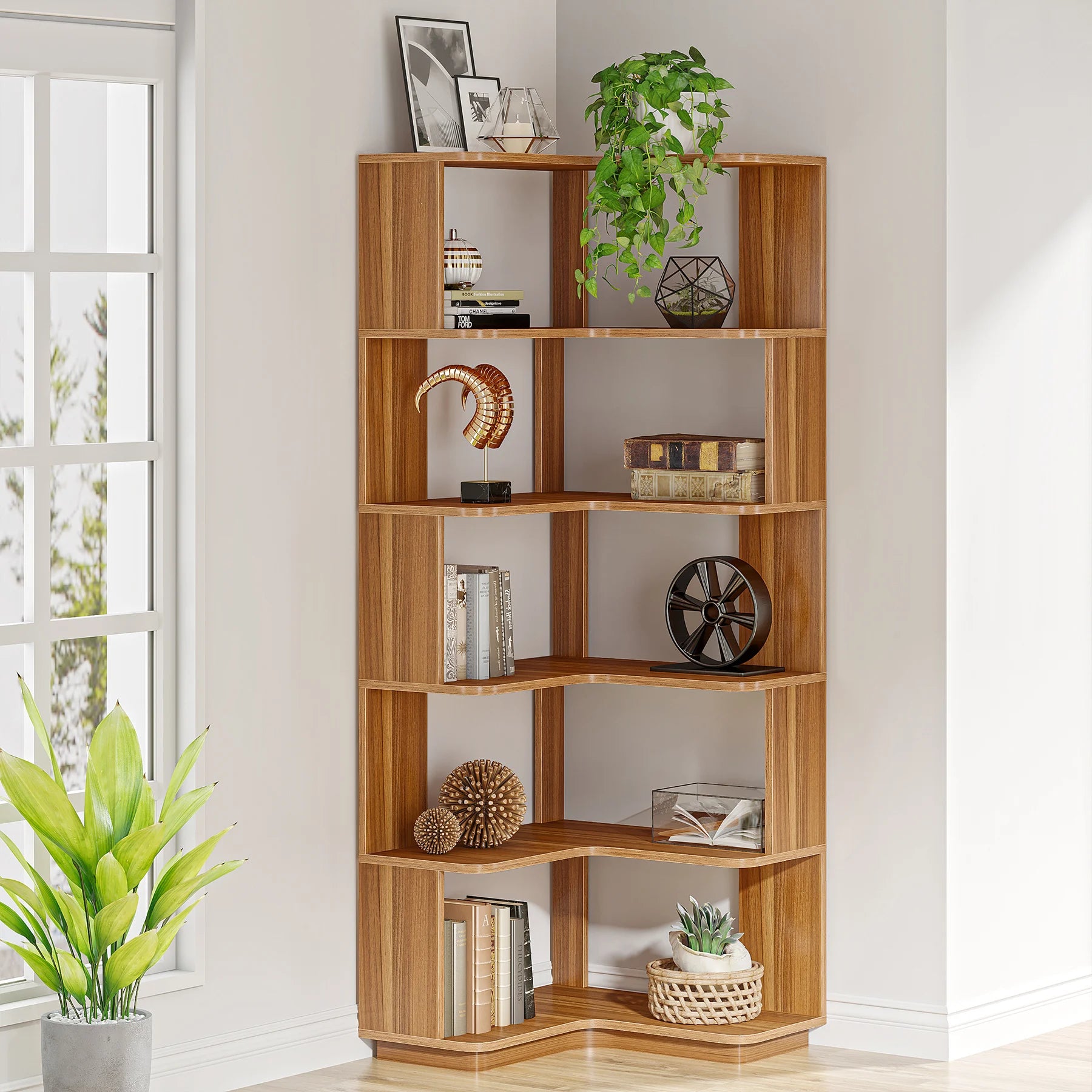 Tribesigns 6 Tier Corner Bookshelf 64.96 Inch Tall Industrial Corner Bookcase with Anti-Drop Panel,Wood Grain Corner