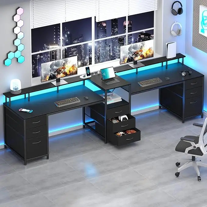98.4’’ Long Computer Desk with 9 Drawers 2 Person Gaming Desk with LED Lights & Power Outlet Two Person Home Office