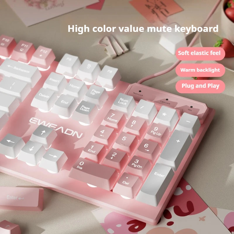 EWEADN GX320Z Pink Silent Office Keyboard USB Wired Quiet Typing for Windows PC/Laptop,Office & Gaming Ergonomic