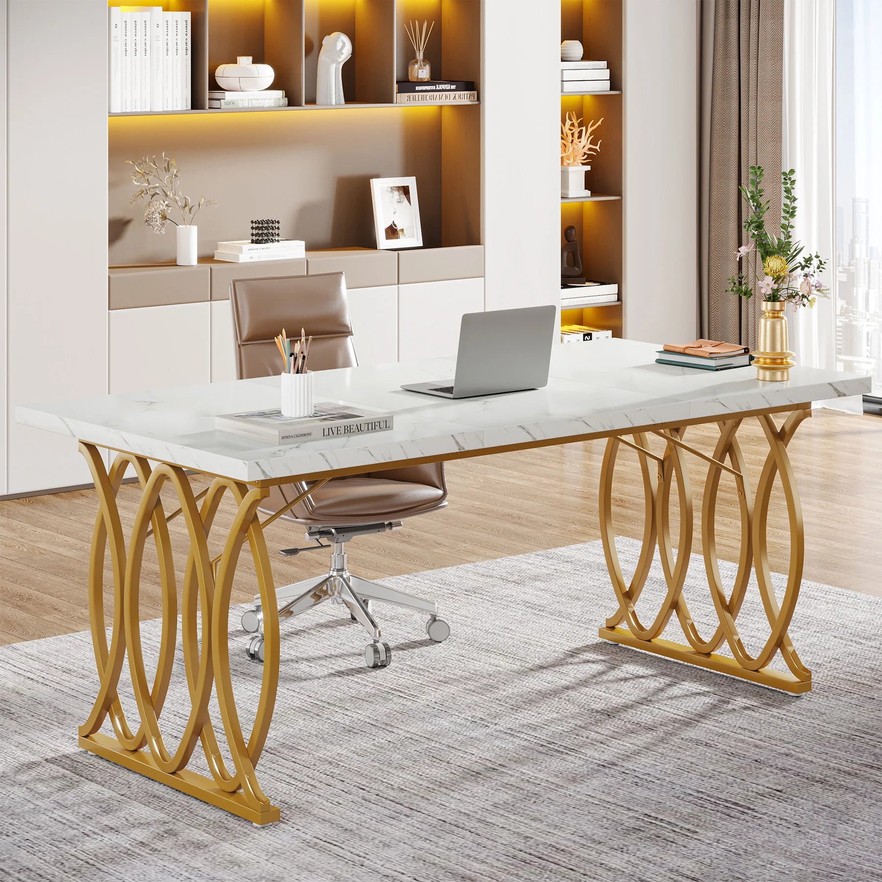 Tribesigns Modern Office Desk 70.9’’ Wooden Computer Desk,Executive Desk with Gold Metal Legs Large Workstation Home