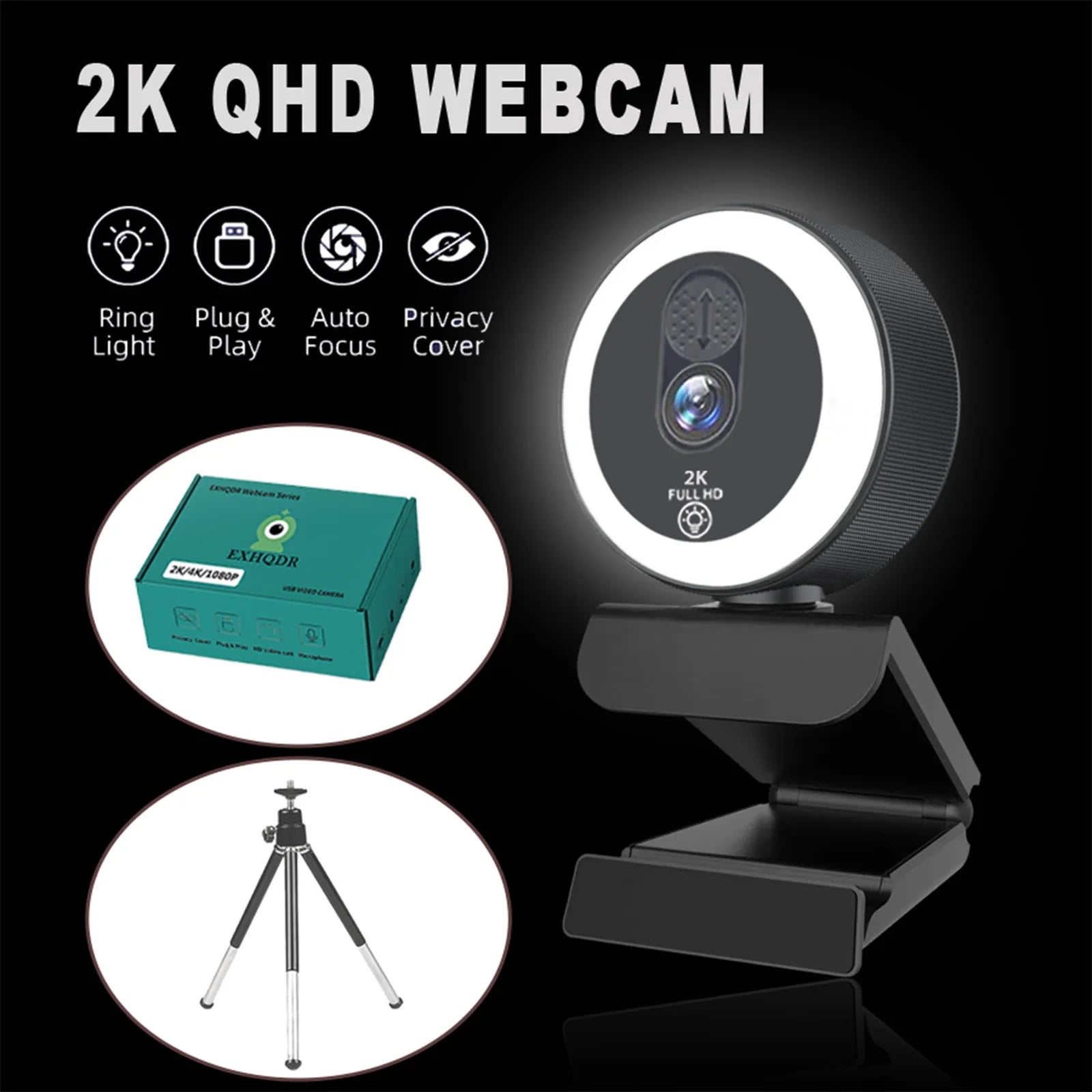 EXHQDR 4K/1080P USB Webcam with Auto Focus Ring Light Privacy Cover Tripod Type-C for PC Zoom Streaming Meeting