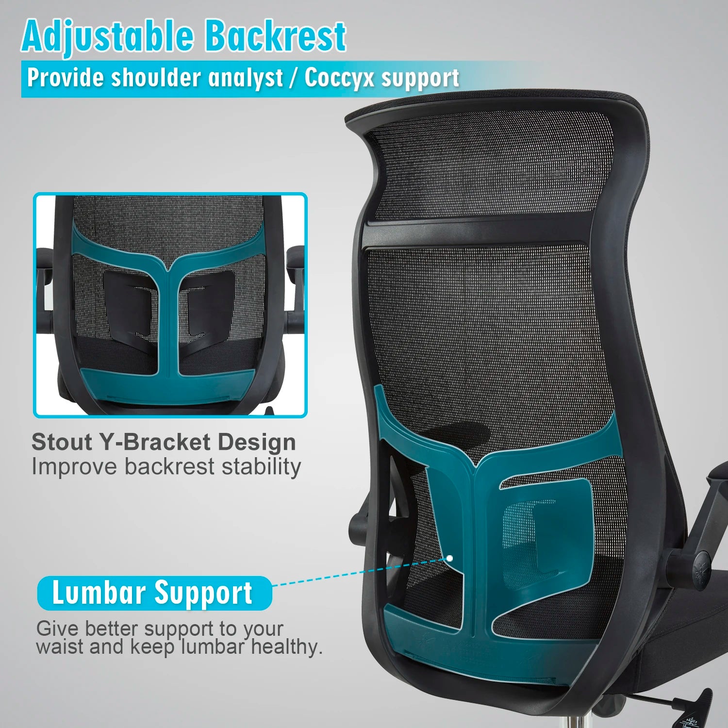 Ergonomic Office Chair Fixed Headrest with Flip Up Arm Adjustable Lumbar Support and PU Wheels Swivel Tilt Function