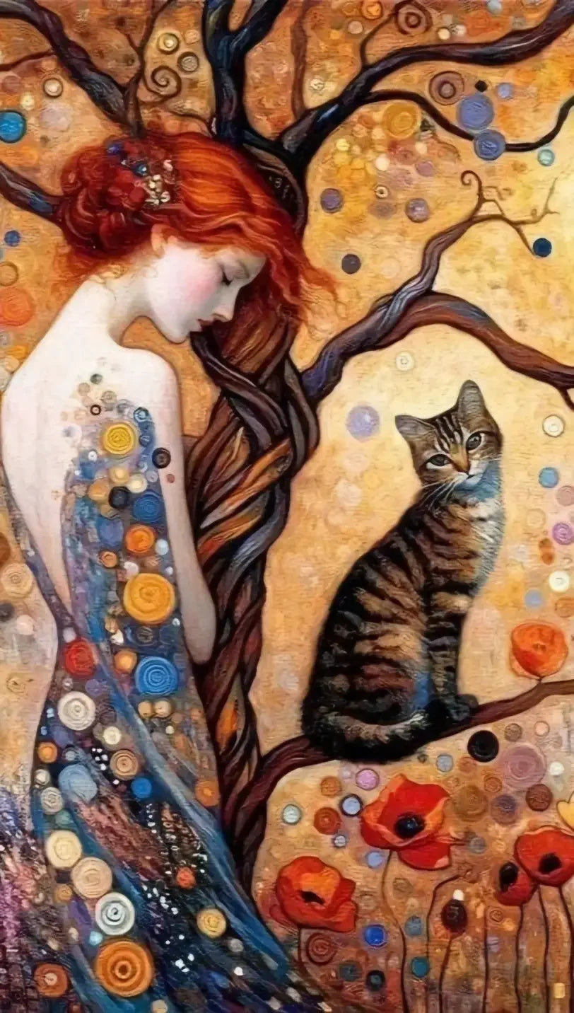 Abstract Woman And Cat Canvas Painting Wall Art Gustav Klimt Art Elegant Girl Poster Prints For Office Living Room Home