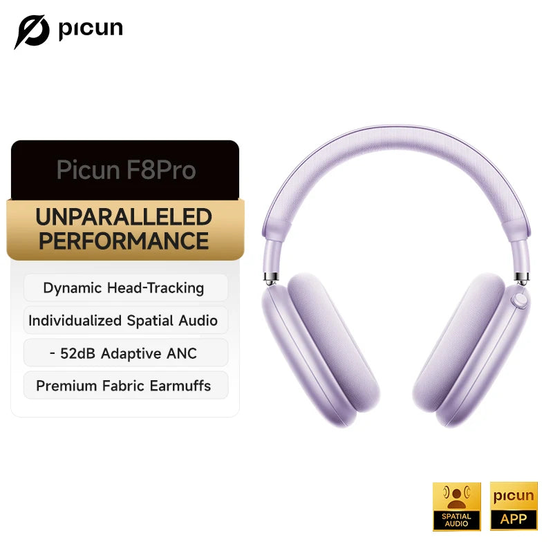 Picun F8 Pro ANC Wireless Headphones 3D Spatial Audio Head Tracking -52dB ANC HIFI Bluetooth Headset ENC HD Mic