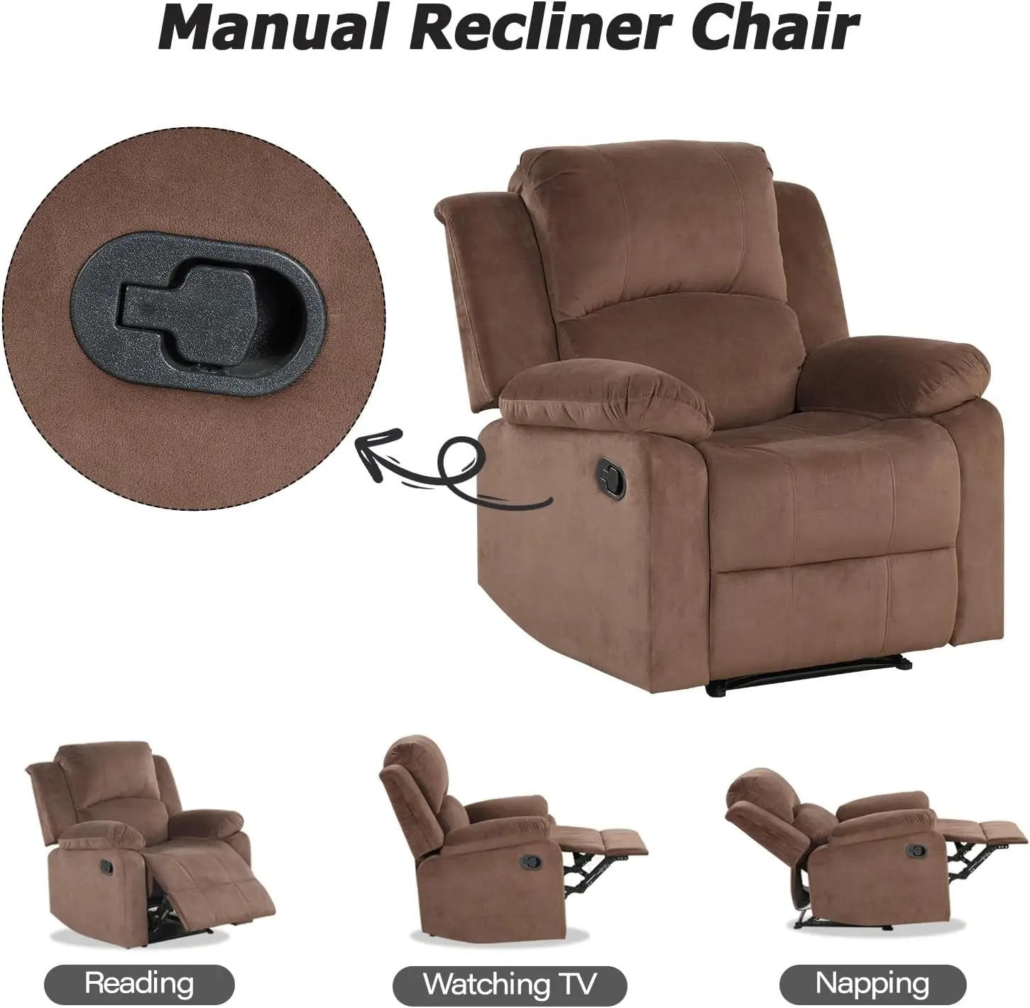 Manual Recliner Chair Soft Fabric Overstuffed Single Sofa Light Brown - United States / 1