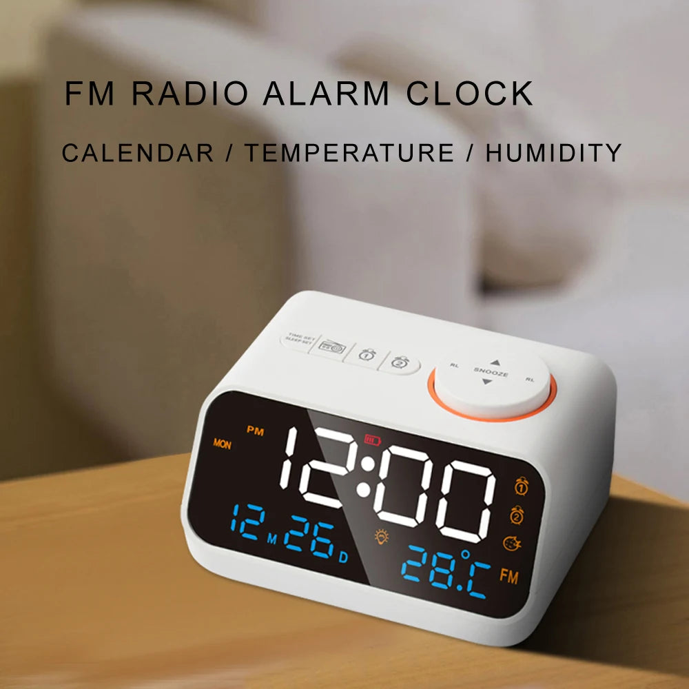 Mordern FM Radio LED Alarm Clock for Bedside Wake Up. Digital Table Calendar with Temperature Thermometer Humidity