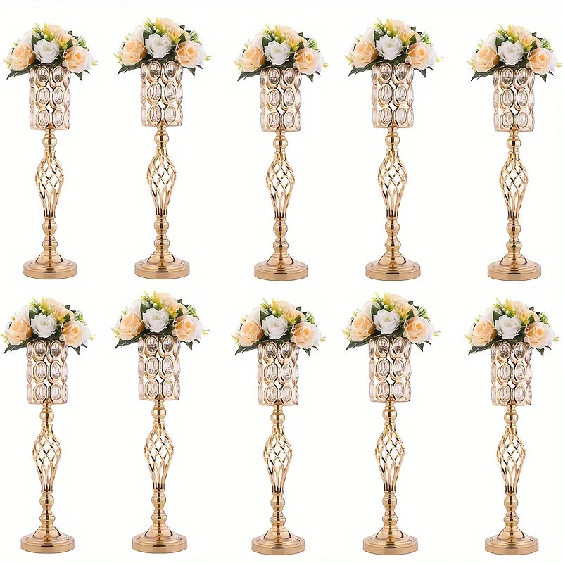 2/10 Piece Set Metal Diamond Crystal Vase 24 Inch Gold Multi-Purpose Tall Flower Stand Wedding Centerpiece Birthday