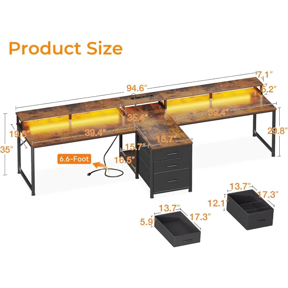 94’’ Computer Desk with Fabric Drawer & File Cabinet- 2 Person Home Office Desk with Power Outlet & LED Light