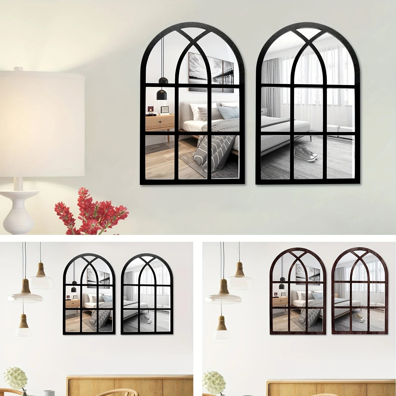 2pcs16in Retro Arched Wooden Frame Acrylic Double-Deck Wall Mirror Art Decor Home Living Room Bedroom Office Decor