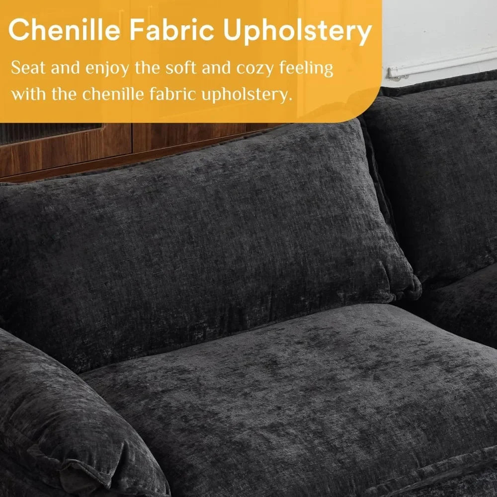 Modern L-Shaped 3-Seat Sectional Sofa with Ottoman Chenille Upholstery for Living Room - Dusty blue / United States