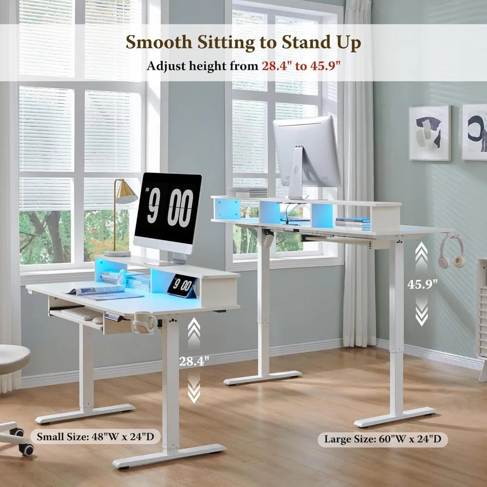 60inch gaming desk electric standing desk with height adjustable power outlets led lights keyboard tray and monitor