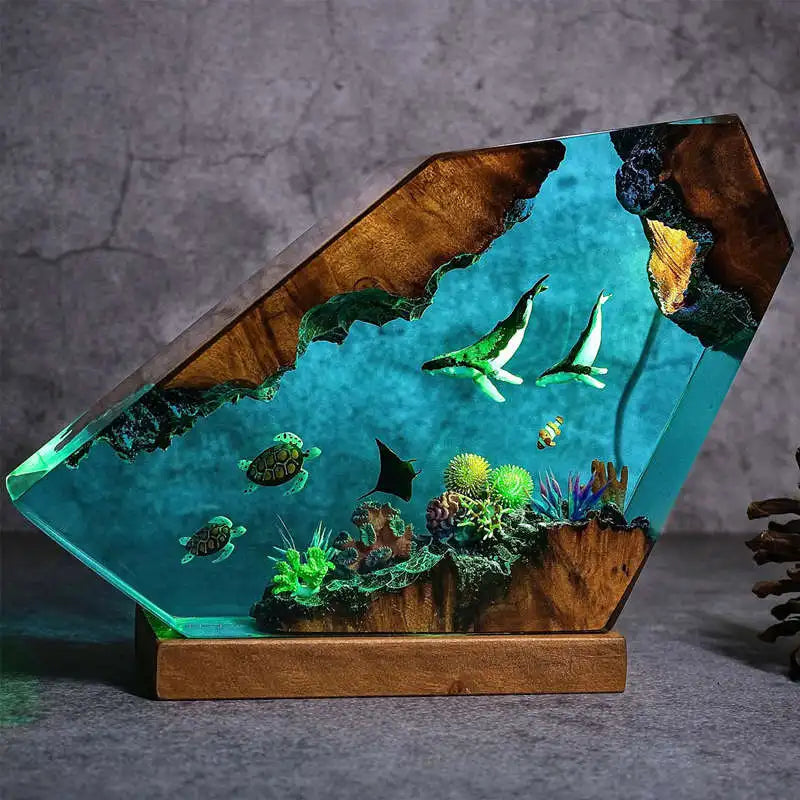 Simulated Shark Epoxy Resin Seabed Organism Diver Figure Miniature Figurines Night Glow Tabletop Home Desk Light
