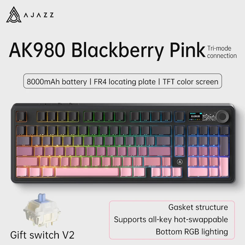 Ajazz AK980 Gaming Mechanical Keyboard with Color Screen 98 Keys RGB Bluetooth Wireless Keyboard Gamer 8000mAh For PC