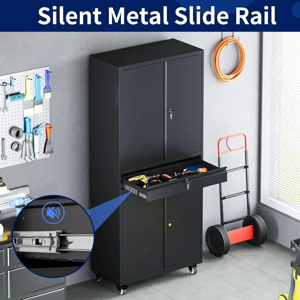 Metal Garage Storage Cabinet with Locking Doors and Adjustable Shelves Rolling Tool Storage Cabinet with 4 Wheels and 1