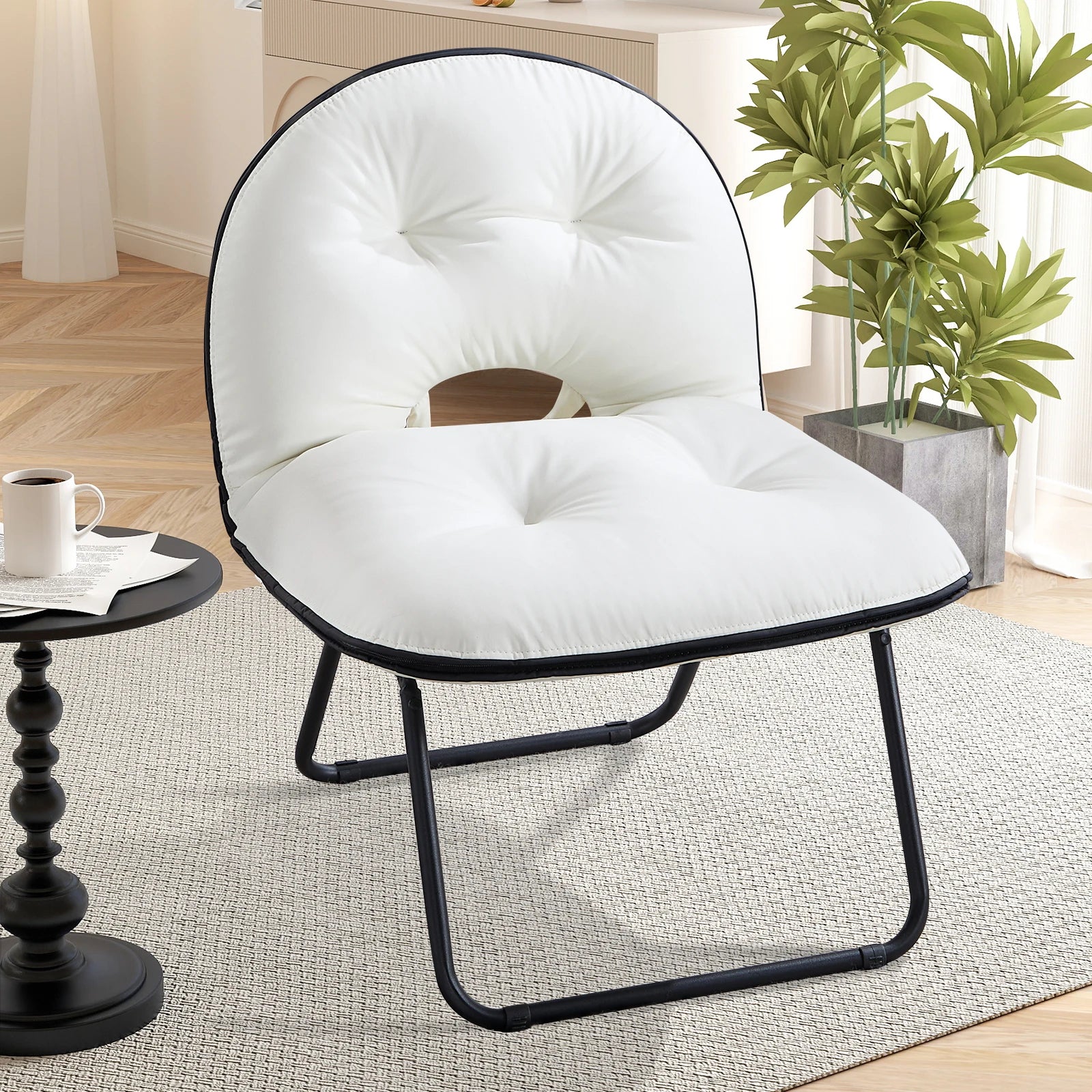 EBELLO Portable Portable Folding Chair with Upholstered Living Room Portable Lounge Chair - Rice White / United States