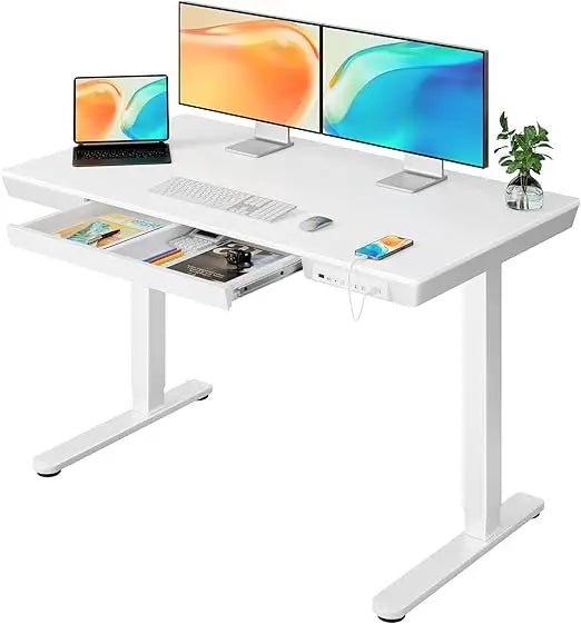 Electric Standing Desk with Drawers 48 x 24 Quick Install Glass Height Adjustable Desk with USB Charging Ports