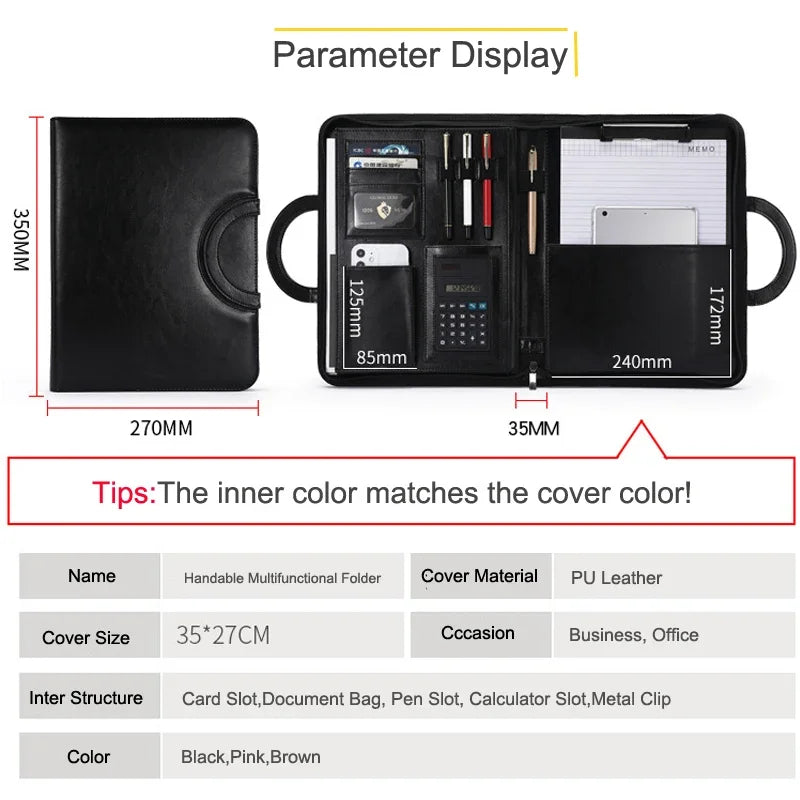 Portable Business Trip A4 Folder Organizer Leather Portfolio for Document File Tablet Holder Briefcase for Man Office