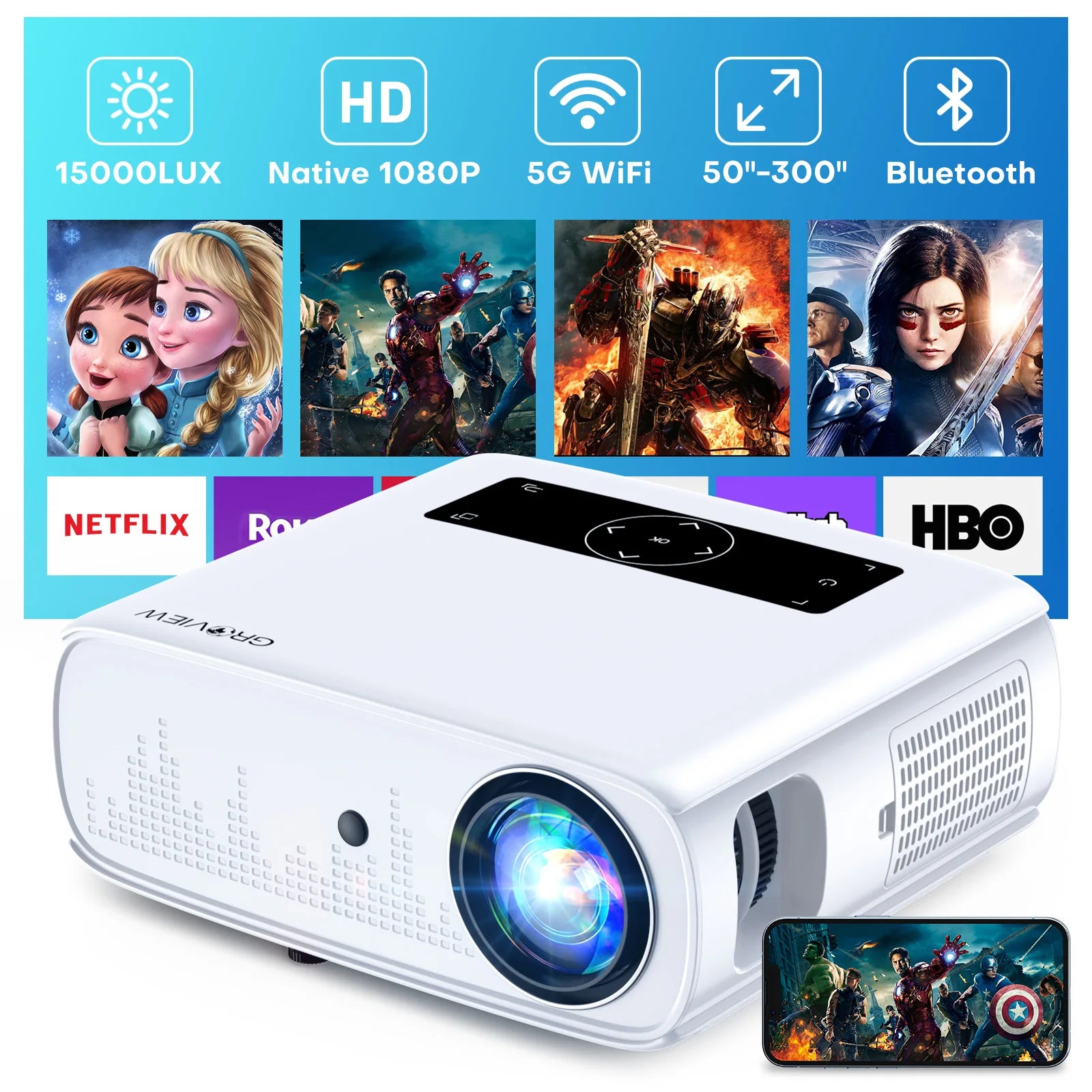 GROVIEW 1080P Projector 15000 Lux 490 ANSI WiFi/Bluetooth 300’’ Screen 4K Support Zoom 5G Sync HDMI/USB/AV/Smartphone