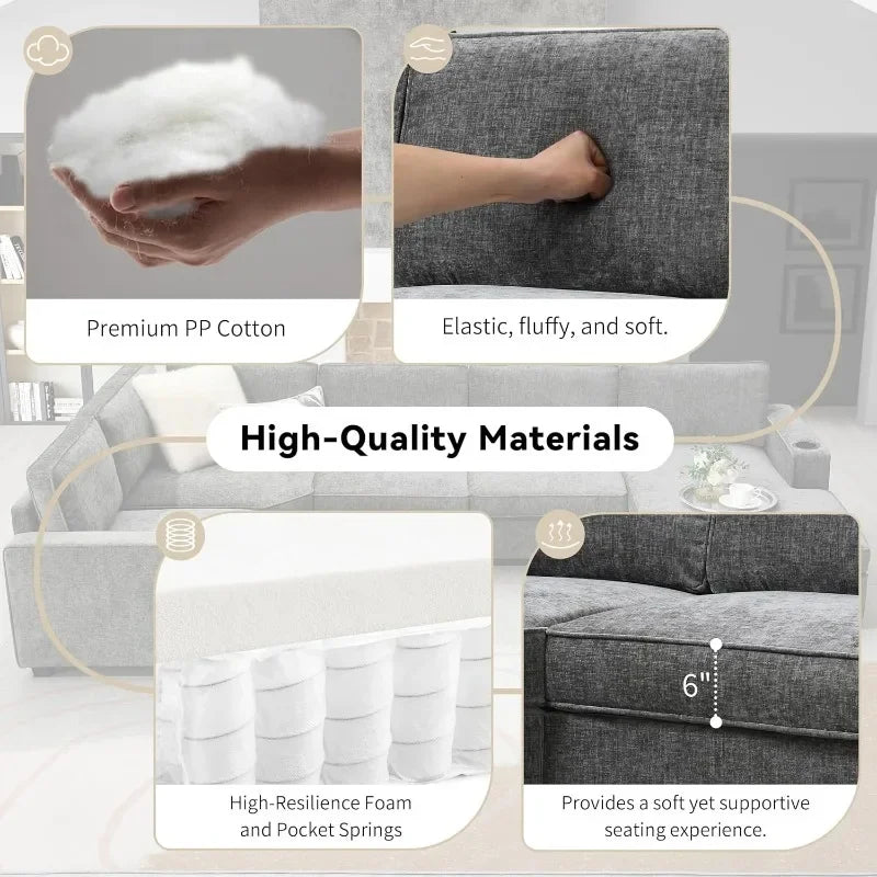 Modern U-Shaped Cloud Couch Set 6-Seat Chenille Sectional Sleeper Sofa with Cup Holders & Chaise - Gray / United States