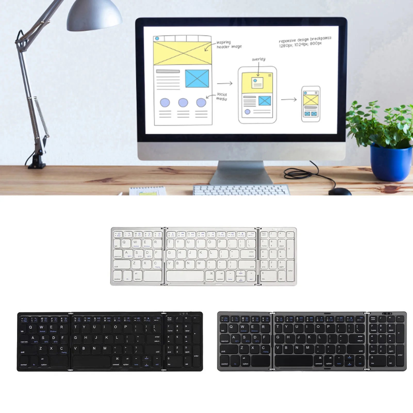 Bluetooth Keyboard Triple Fold Multiple Device Connection Wireless Keyboard for Laptop Tablet Phone - Tablet