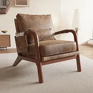 Mid Century Modern Accent Chair with Pillow & Pocket Upholstered Armchair with Solid Wood Frame & Soft Cushion