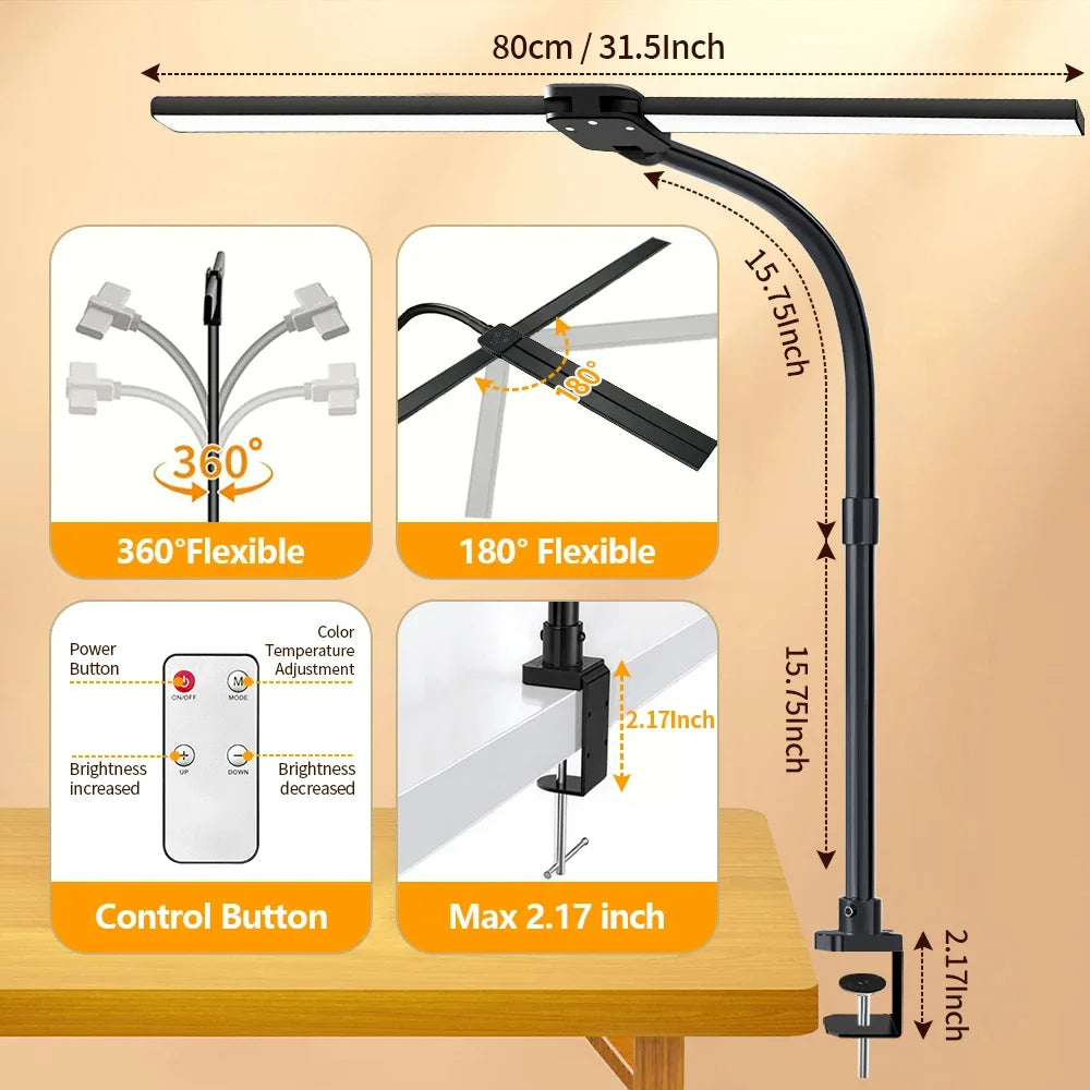 280LED 24W Double-Head Desktop Clip Lamp Ultra Bright Remote Control 2700-6500K Eye-Caring Reading Desk Lamp for Home
