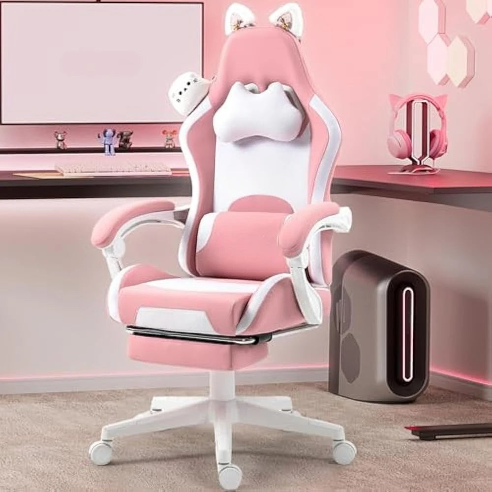 Gaming Chair Cute w/Cat Ears and Massage Lumbar Support 290lbs Ergonomic Computer Chair for Girl with Footrest