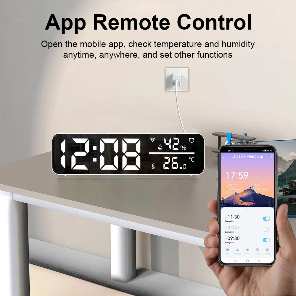 Tuya WiFi LED Alarm Clock Support Temperature Humidity Sensor Time Display USB Desktop Mirror Clocks for Living Room