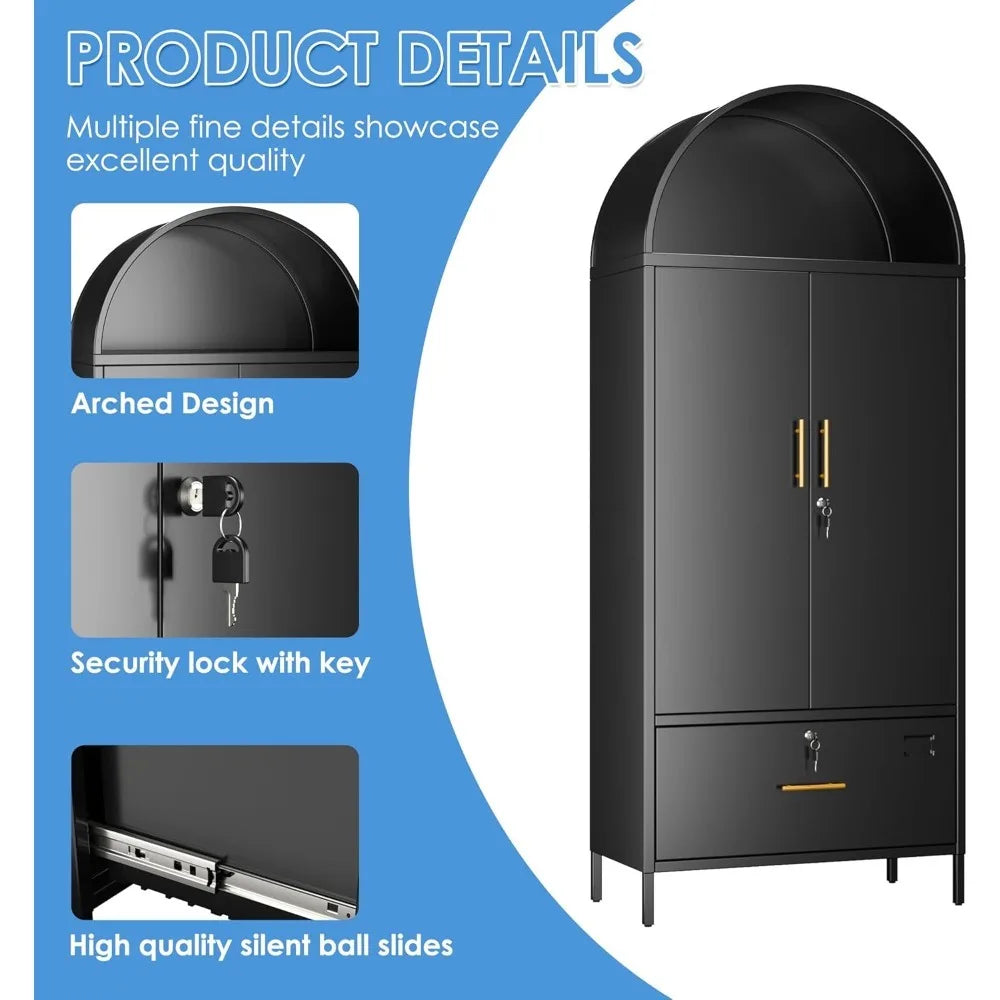 Lateral File Cabinet 73’’ Black Filing Storage Cabinet with 1 Lockable Drawer Metal Arched Cabinets with Doors Arched