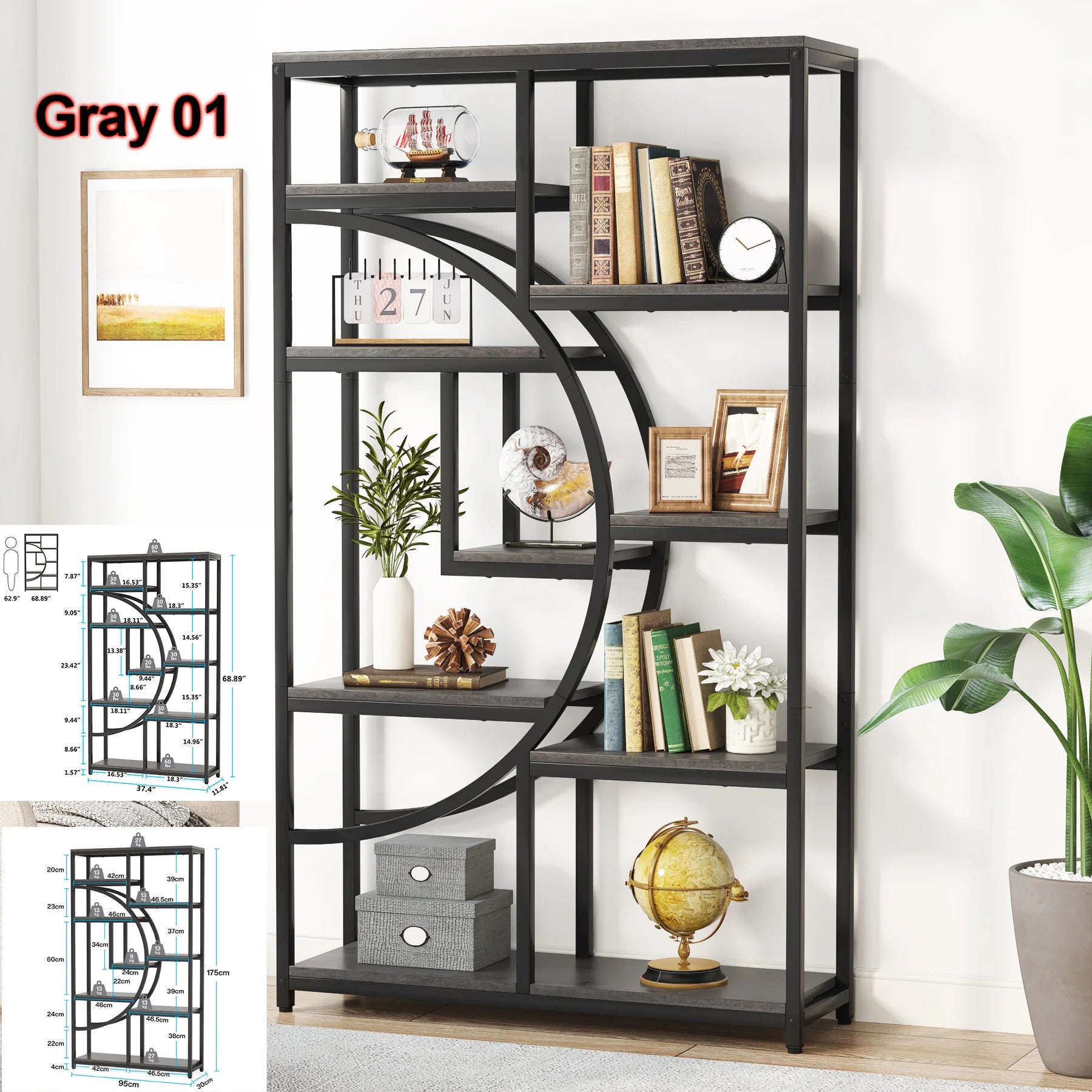 Tribesigns Bookshelf Industrial 5 Tier Etagere Bookcase Freestanding Tall Bookshelves Display Shelf Storage Organizer