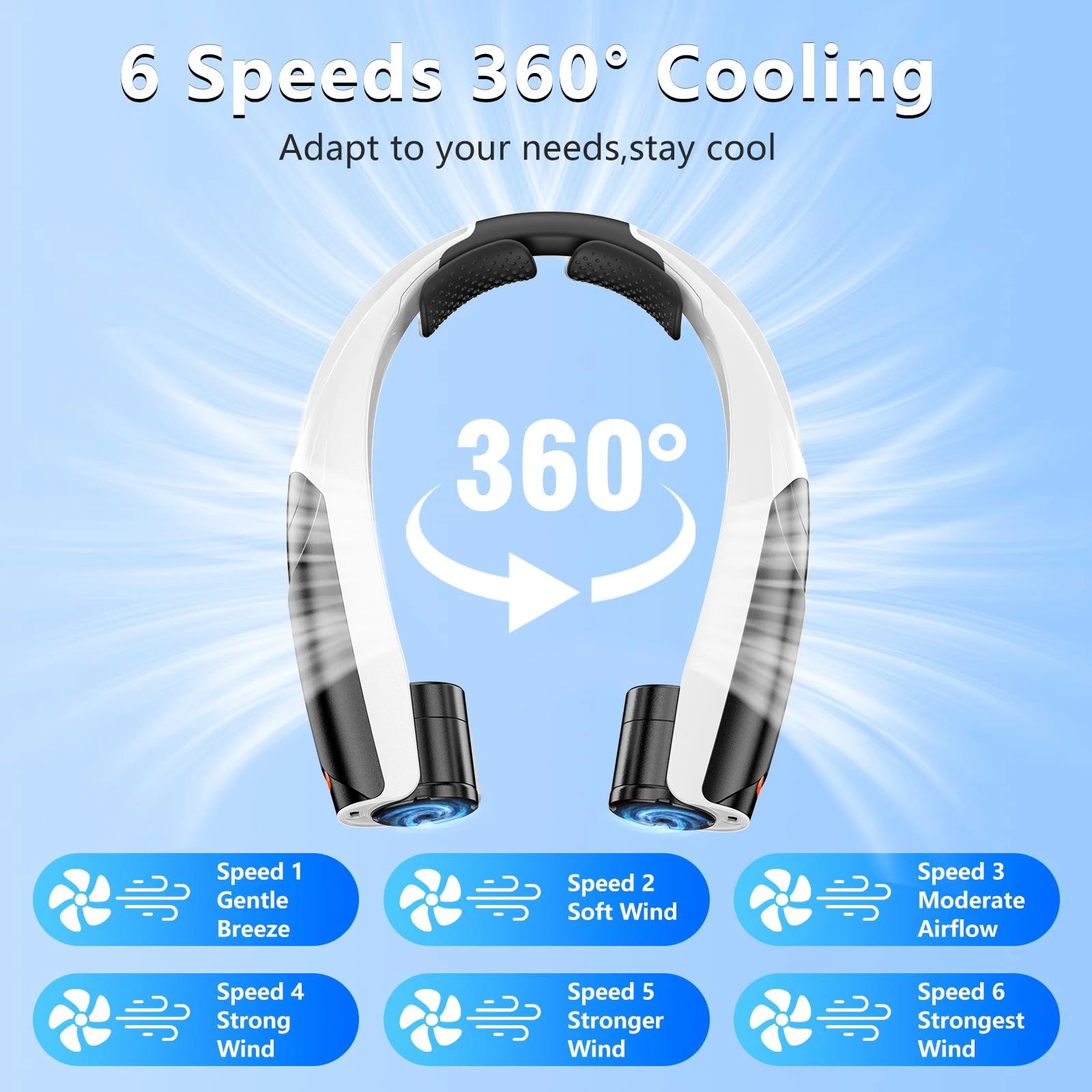 Portable neck fan six wind speeds (Max: 8000 rpm) 6000mAh battery - up to 20 hours extremely strong life