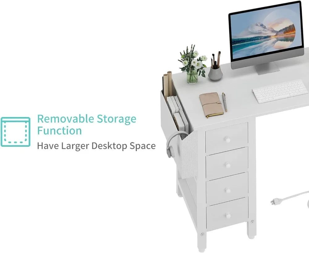 L Shaped Computer Desk with Drawers & Storage Shelves 55 Inch Corner Desk with Power Outlet for Home Office Bedroom