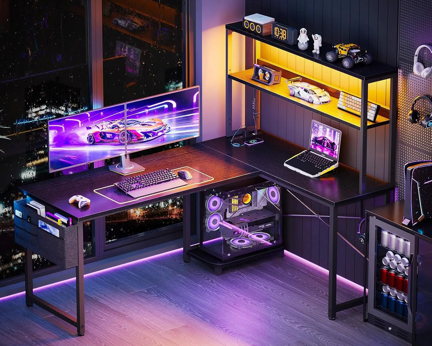 53 Inch L Shaped Desk with LED Lighting Reversible Gaming Desk with Power Outlets Cornor Computer Table with Storage