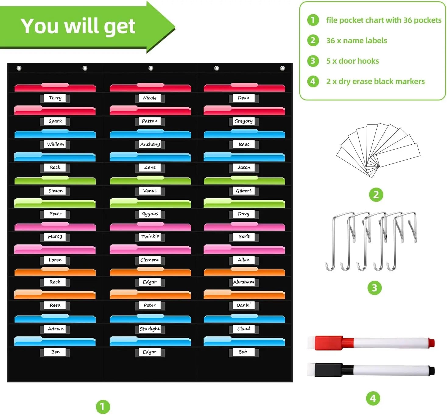 12 Pocket File Storage Chart Wall-Mounted Organizer with Hooks And Labels for Office Organization Hanging Pocket Folder