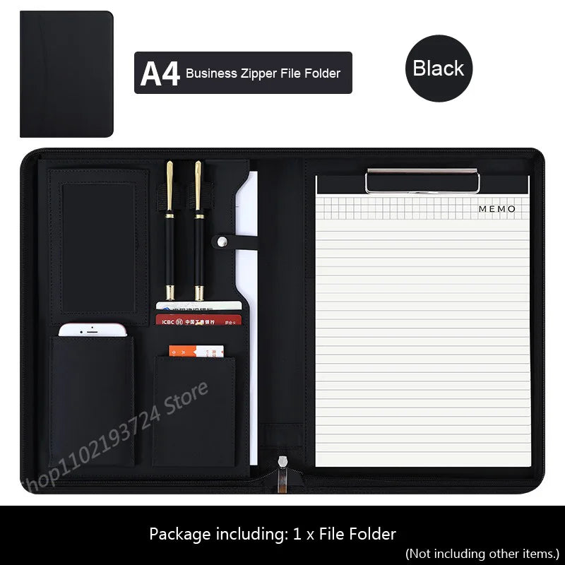 Multifunctional A4 Leather Conference Portfolio Folder for Document Organizer Zippered Man Executive Folder Briefcase