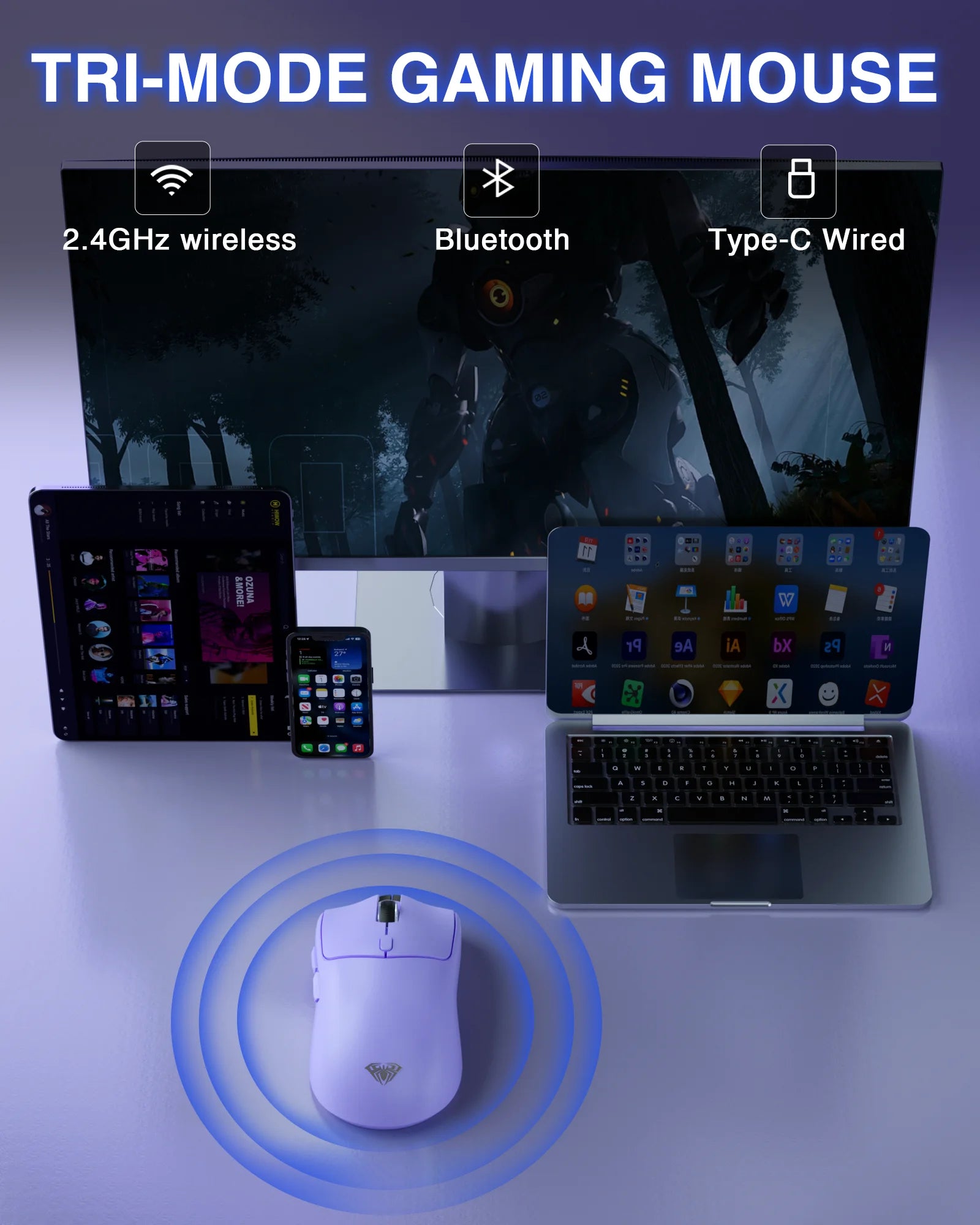 AULA SC580 Gaming Mouse Tri-mode Rechargeable Ergonomic Bluetooth Mouse 10000 DPI Wireless Bluetooth Mice for Office