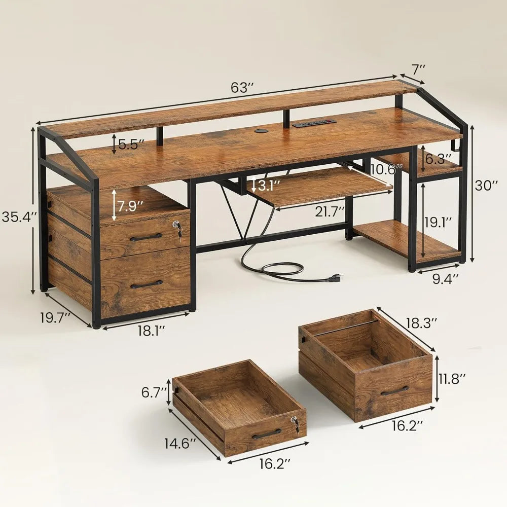 63’’ Computer Desk Office Desk with Lock Drawers for Legal/Letter File Gaming Desk with LED Light & Power Outlet Home