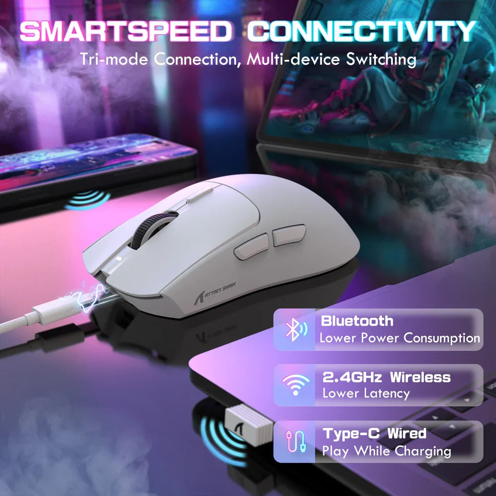 ATTACK SHARK X1 Gaming Mouse with Magnetic Charging Dock PixArt PAW3395PRO 40000DPI BT/2.4G Wireless/Wired 53g