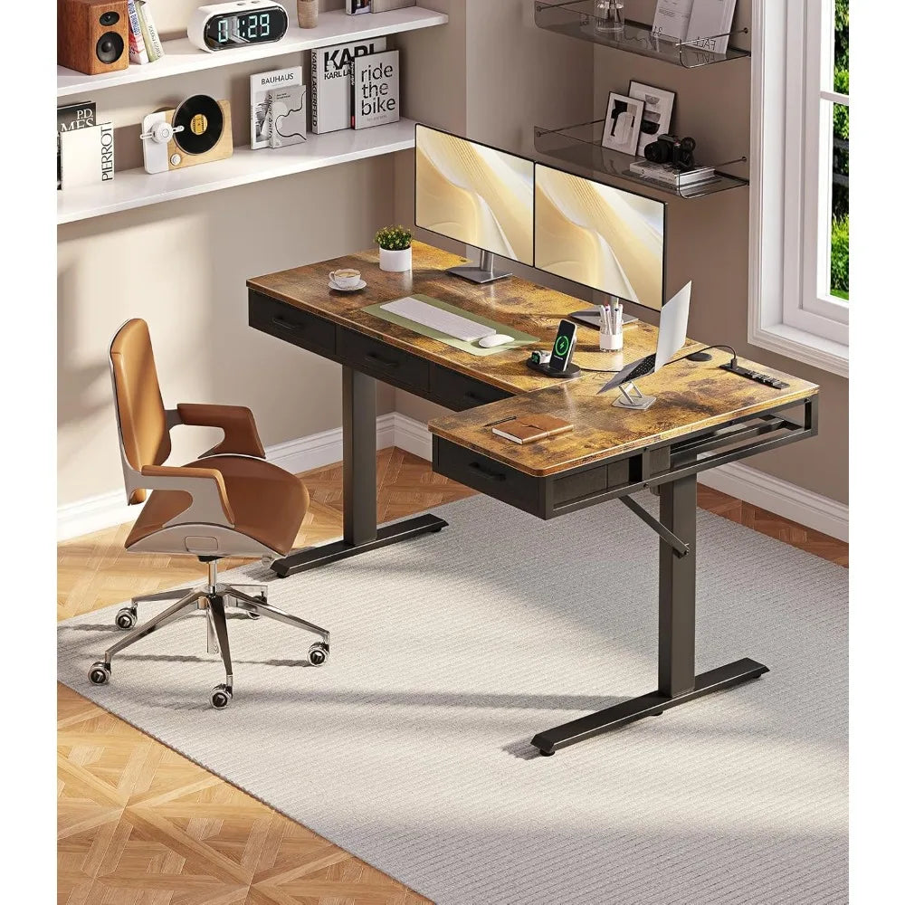L Shaped Electric Standing Desk with Drawers Height Adjustable Large Desk with Power Outlets Sit Stand Table, - United