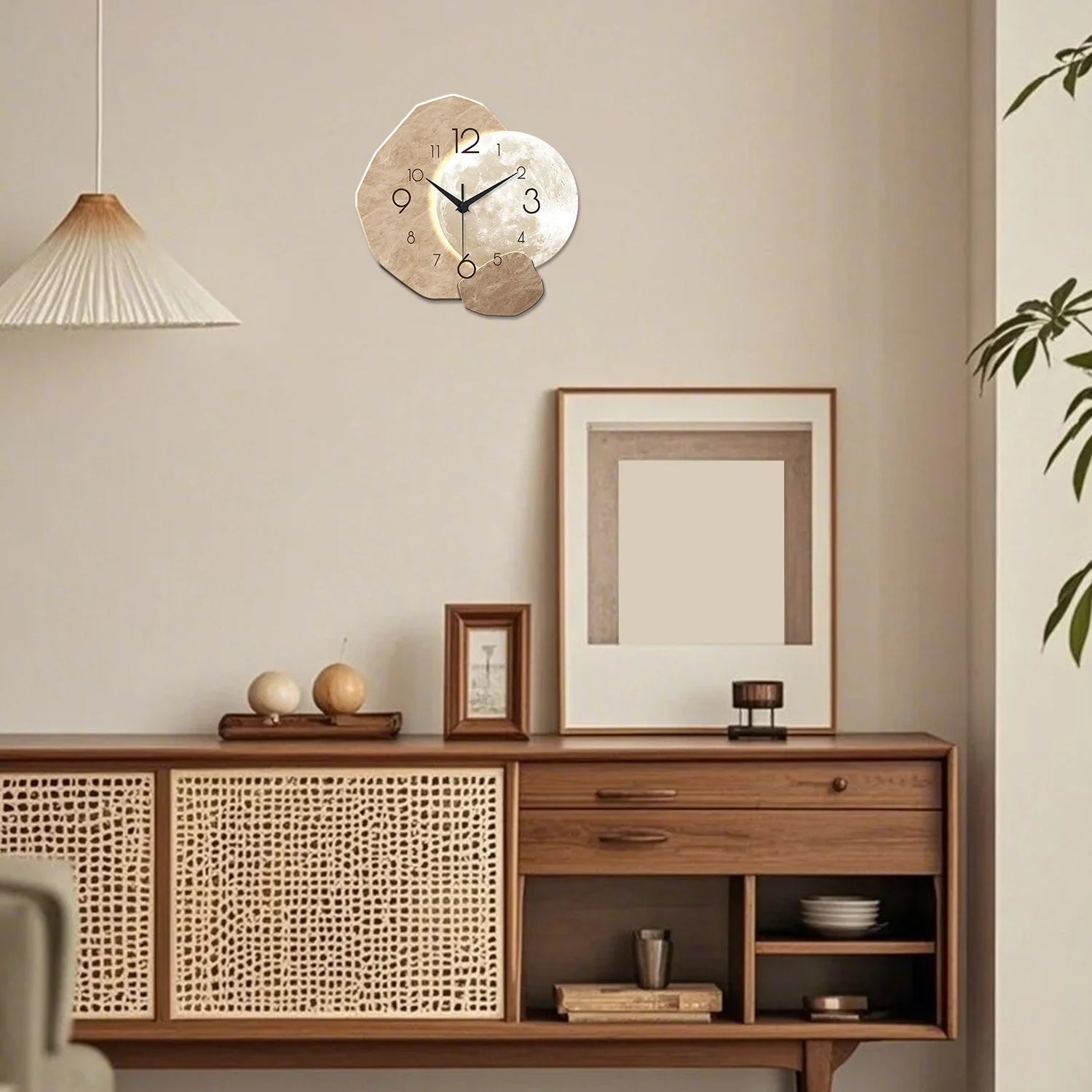 Modern Simple Silent Wall Clock Moon Design - Quartz Movement Wooden Material for Bedroom Living Room or Office