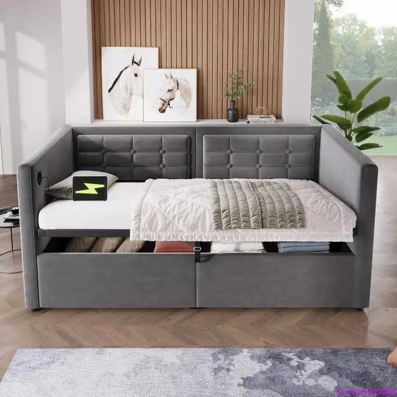 Merax Twin Upholstered Velvet Daybed with Hydraulic Storage USB & Type-C Ports Wooden Slat Support Tufted Sofa Bed