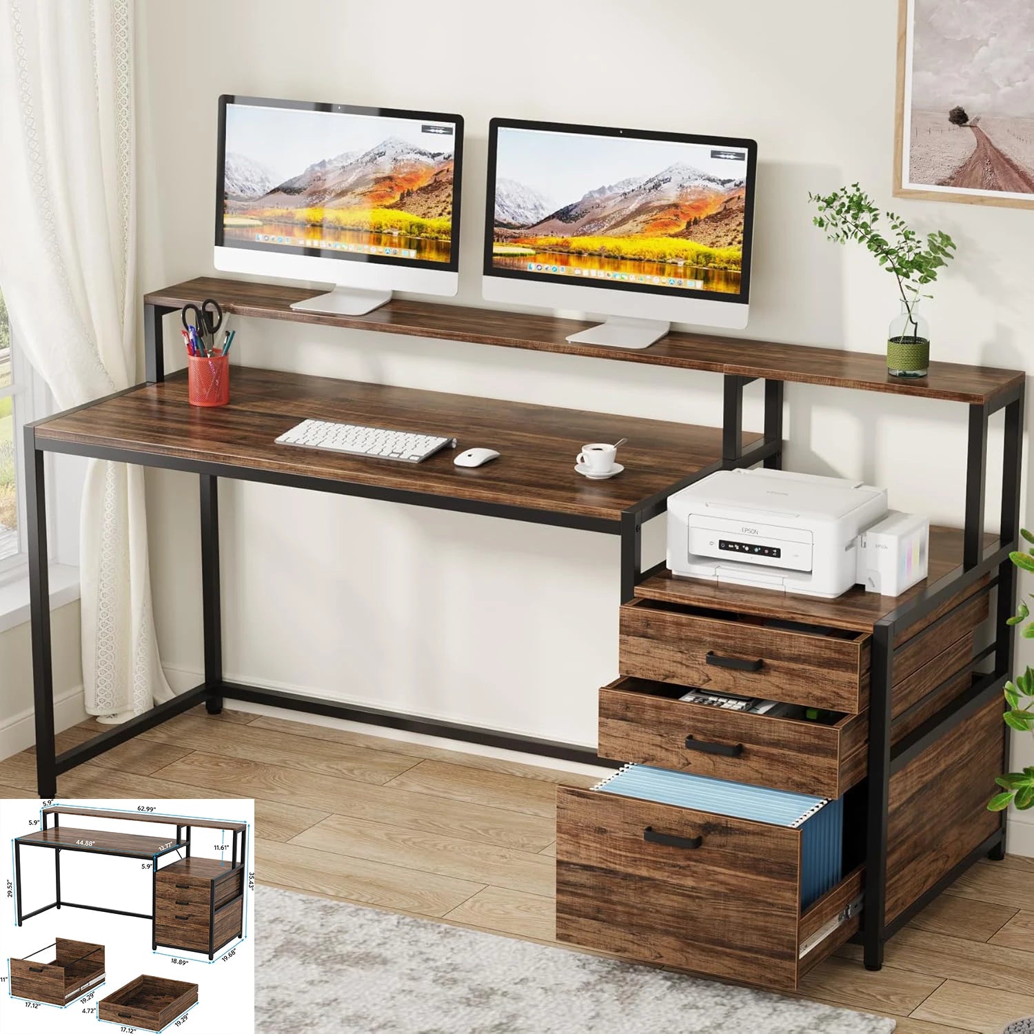 L-Shaped Computer Desk with 3 Drawers,Home Office Desk with Shelves 53-Inch Industrial PC Desk for Small Space Rustic
