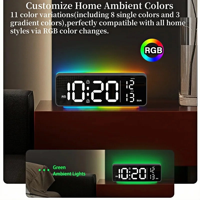 USB Powered Digital Alarm Clock with 11 Colors Mood Light Date Week 2 Alarm 12/24H Night Mode Unlimited Snooze Table