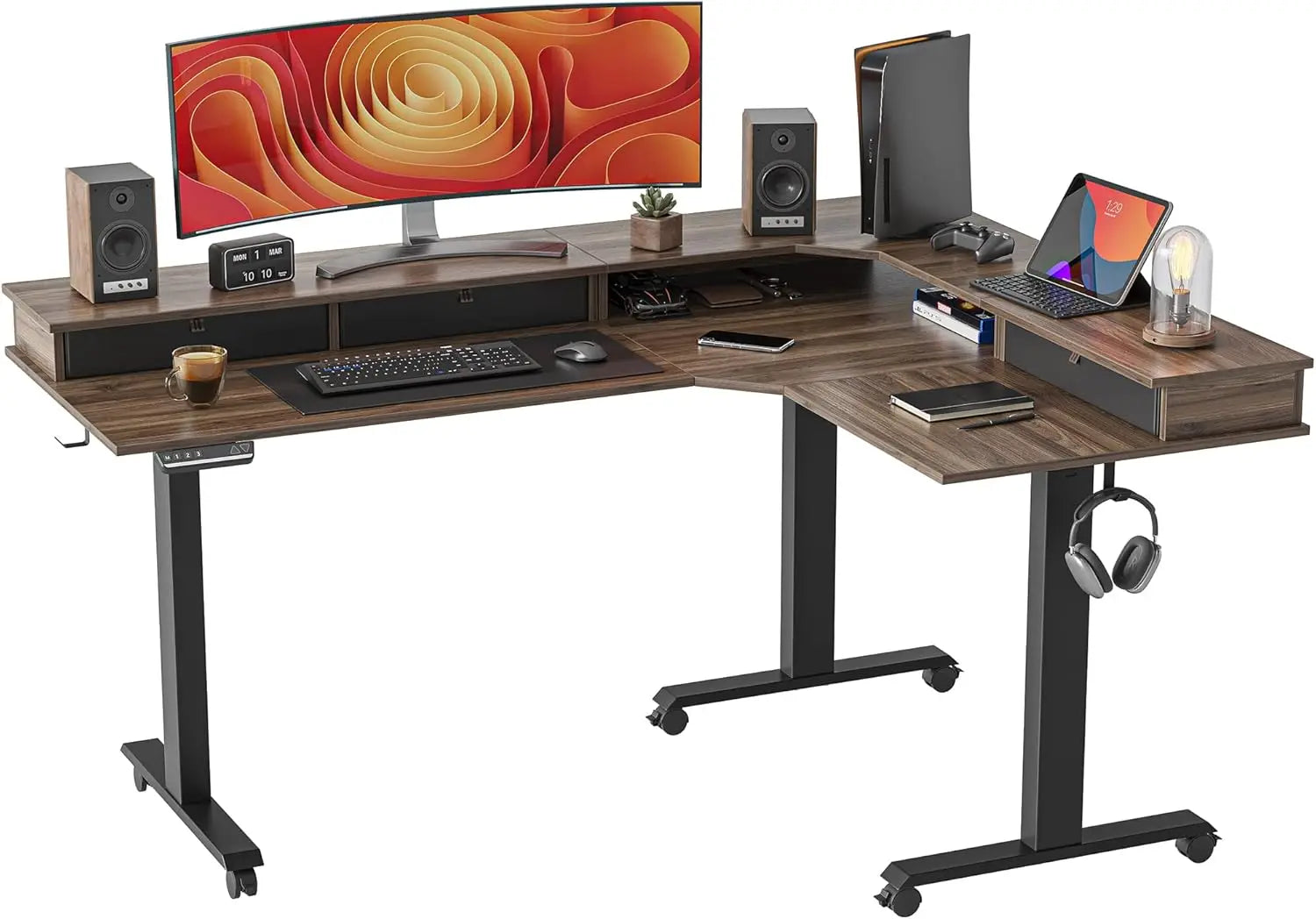 L Shaped Standing Desk with Drawers Exclusive Upgraded 3 Motors Support 330LBS Electric Height Adjustable L Standing