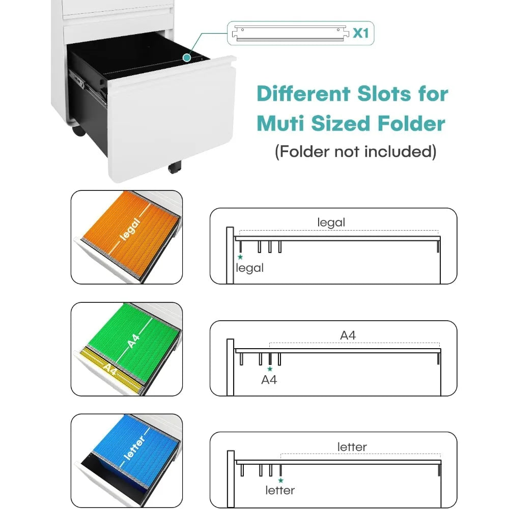 3 Drawer File Cabinet Metal Filing Cabinets with Lock Wheels for A4/Legal/Letter File Anti-tilt Under Desk Design