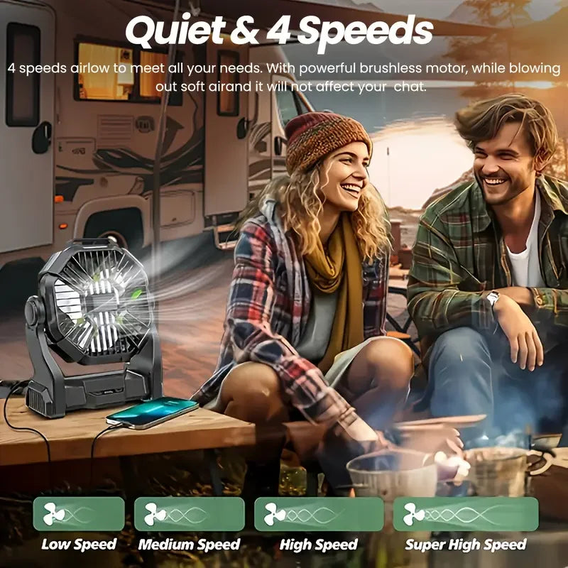 Three-In-One Portable Camping Style Fan with Led Light Rotating Hook Mobile Phone Emergency Power Supply Function USB