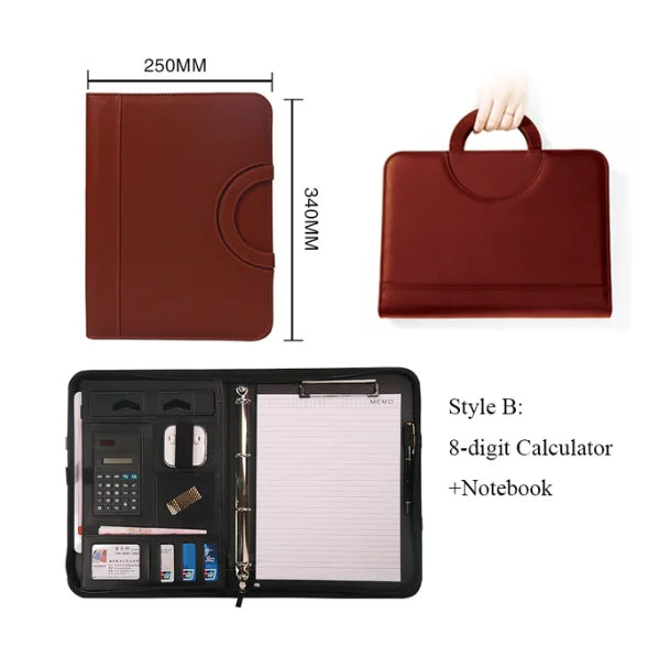 A4 Portable File Folder with Calculator Binder Organizer Manager Office Document Pad Briefcase PU Leather Padfolio Bag