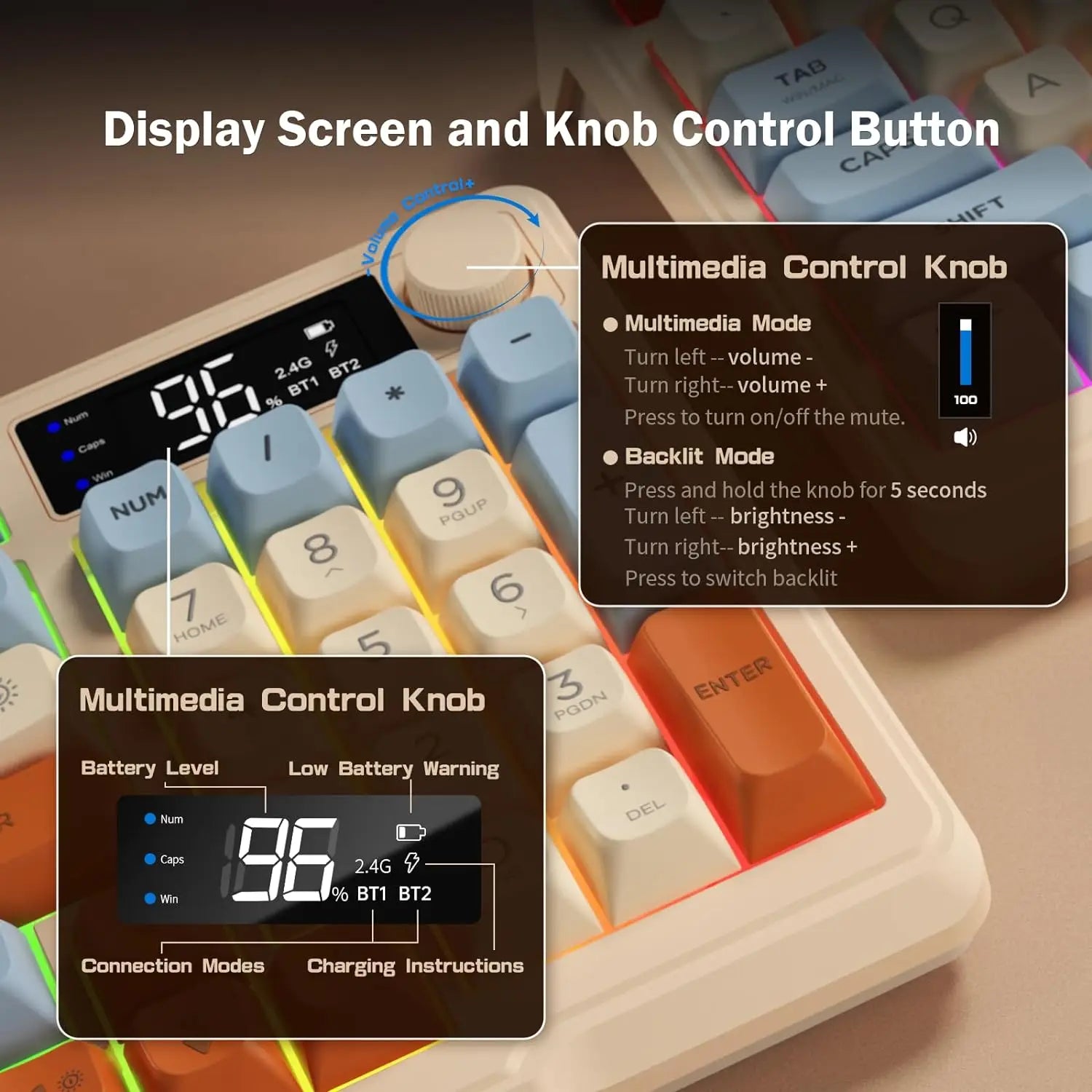 ZIYOU LANG Wireless Gaming Keyboard with Display Screen & Knob Bluetooth/2.4GHz Quiet Membrane Keyboard 3000mAh