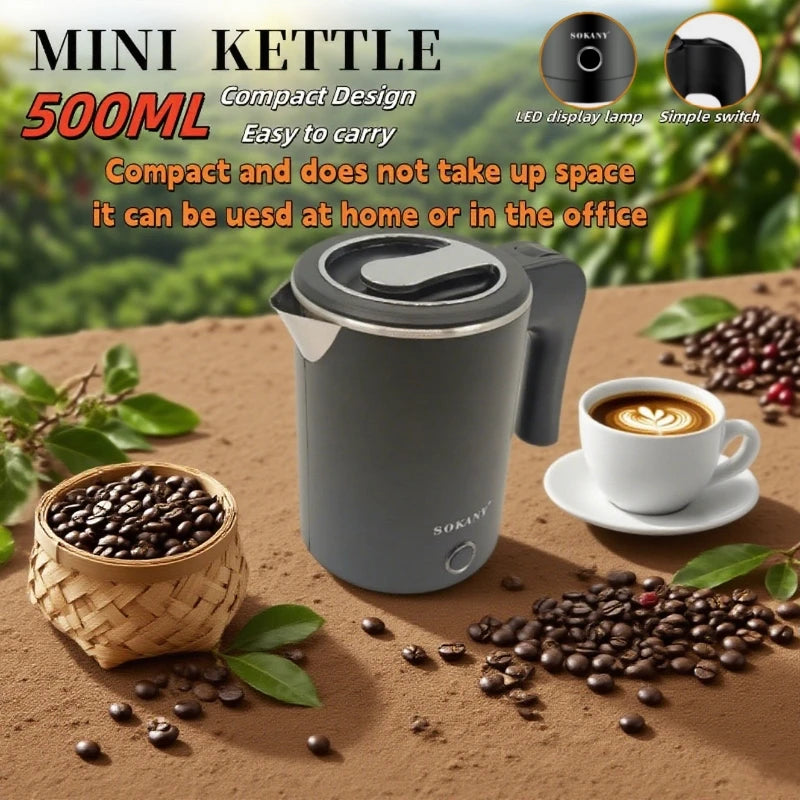 500ML Travel Electric Kettle Stainless Steel Portable Water Boiler for Tea Coffee Hotel Family Camping Kitchen Smart